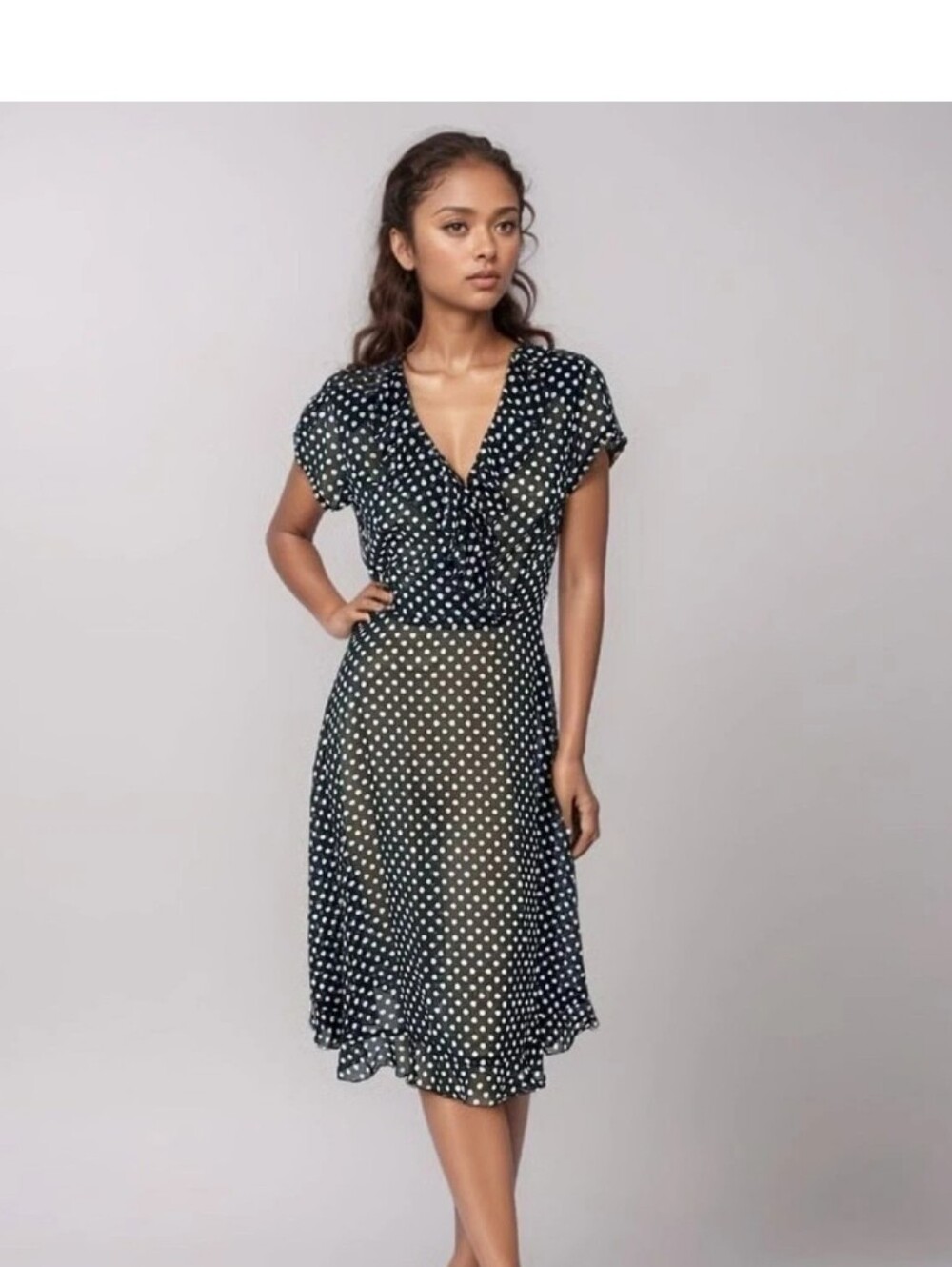 J.B.S. Black and White Polka Dot V-Neck Wrap Midi Dress
